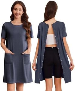 Deyeek Hospital Gowns for Women Open Back Short Sleeve Post Partum Dress Tear Away Snap Adaptive Clothing With Pockets Navy S