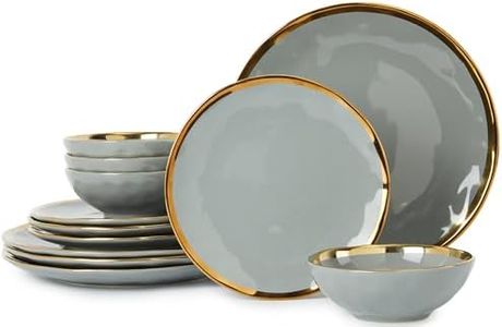 Pokini Porcelain Luxury Dinnerware Sets, Modern Plates and Bowls Sets for 4, Highly Chip and Crack Resistant, Grey and Gold Rim China Dishes Set for Wedding Anniversary