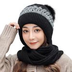 Richmen Women's Knitted Hat Winter Plush Velvet Warm Woolen Cap Neck Scarf | Twist Color Fuzzy Slouchy Beanie Monkey Cap With Muffler For Ski Hiking Outdoor Girls & Ladies (Black), Free Size