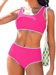 AI'MAGE Women's Bikini Sets High Waisted Two Piece Swimsuits 2025 Scoop Neck Sporty Bathing Suits(Rose, Large)