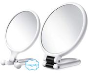 2 Pack Handheld Magnifying Mirror, 10x, 15x Magnification & 2-Sided Mirrors with Handle Stand, Small Pocket Magnified Mirrors for Women Men Girls Kids School, Work, Travel, Outdoors - White