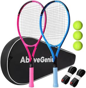 AboveGenius 27" Tennis Racket Set,2 Pack Adult Tennis Racquets for Beginners & Intermediate,Pre-Strung 105sq in Oversized Head,Include 3 Balls, 2 Overgrips & Carry Bag for Women & Men (Pink/Blue)