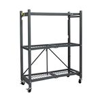 Origami 3 Tier Foldable Heavy Duty Metal Garage Storage Shelf Rack with Wheels and Powder Coated Steel for Organization in Home and Office, Pewter