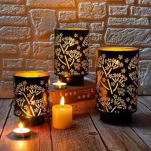 JHY DESIGN Set of 3 Metal Candle Holders 7.5“H Green Hurricane Pillar Candleholder Vintage Table Candlestick Holders Great Centerpieces for Home Decor Wedding Parties Events