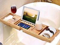 Premium Bamboo Bath Tray Rack by Harcas. Gorgeous Extendable Bathtub Caddy with Wine Glass Holder, Soap Tray and iPad Holder/Book Rest. Perfect for Relaxing While Winding Down. Fits Most Bathtubs