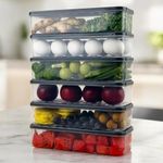 Story@Home Fridge Storage Boxes - 1500ML Kitchen Essentials with Inbuilt Drain Plate and Lid, Stackable Kitchen Organizer and Storage Rack for Fish, Meat, Vegetables, Fruits(Set of 6)