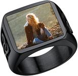 U7 Personalized Photo Rings for Women, Solid Polished Stainless Steel Black Metal Plated Band Ring Custom Engraved Name Signet Ring, Size 14