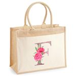 Personalised Jute Tote Bag with Floral Initial - Custom Rose Gold Letter, Womens Hessian Cotton Canvas with Contrast Handles - Ideal for Lunch, Shopping, Beach, Books - Perfect Gift for Her