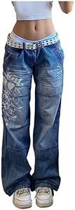 Womens Low Waist Boyfriend Jeans Loose Straight Wide Leg Palazzo Bell Bottom Flared Juniors Jeans Stretchy Washed Classic Distressed Printed Denim Pants Y2K Vintage E-Girl Streetwear with Pockets
