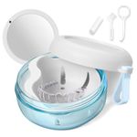 Leakproof Denture Bath Case, Denture Cup Kit with Cleaner Brush, Portable Retainer Case for Traveling, Denture Box with Strainer & Magnetic Mirror for Retainer, Mouth Guard, Denture (White)