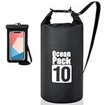 Coolzon Dry Bag with Waterproof Phone Pouch,Waterproof Bag Dry Sack with Double Shoulder Straps for Kayaking Rafting Boating Hiking Camping Travel Fishing Sea Swimming, 10L Black