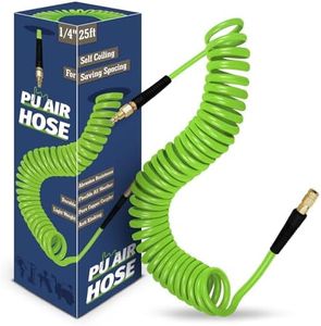 WHISPERING WONDER 1/4 in x 25 ft Air Hose, Polyurethane Recoil Air Hose with Bend Restrictor, Coiled Air Hoses with 1/4 Pure Copper Solid Industrial Quick Coupler and Plug, Green