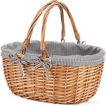 G GOOD GAIN Oval Picnic Basket with Folding Handles, Willow Hand Woven Shopping Basket, Bath Toy Kids Toy Storage Gift Packing Basket, Wicker Empty Easter Eggs and Candy Small Gift Basket. Grey