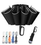 TUMAAOTU Compact Inverted Umbrella with Never Forget Carabiner Handle - Travel Umbrella Windproof Strong, Reverse Umbrellas for wind rain, Auto Open Close, 10 Rib Durable Frame for Women Men (Black)