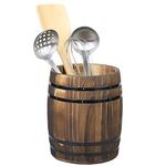 MyGift Wine Barrel Design Kitchen Utensil Crock, Vintage Rustic Burnt Wood Cooking Tool Holder