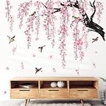 wondever Large Flower Tree Branch Wall Stickers Pink Cherry Blossom Floral Birds Wall Art Decals for Living Room Bedroom TV Wall (150cm*143cm)