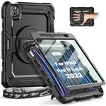Timecity Case for iPad Pro 11 Inch(2022/2021/2020/2018), Shockproof Case with Screen Protector, Pencil Holder, Shoulder/Hand Strap, 360 Rotating Kickstand for iPad pro 11 Cover Kids- Black