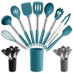 Joyfair Kitchen Utensils Set, 10 Pcs Silicone Cooking Utensils Set with Stainless Steel Handle, Heat Resistant Cooking Tools Spatula Turner Spoon Set with Holder, Dishwasher Safe & Non Scratch, Blue