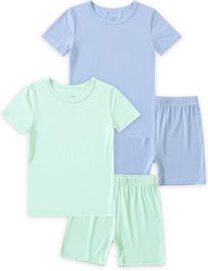 JunNeng Bamboo Viscose Toddler Pajamas,Baby Boy Girl Solid Snug Fit Short Sleeve Summer Sleepwear PJS,Light Green+Blue 2-3 Years