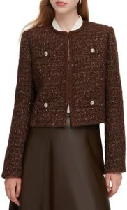 GOELIA 2026 Women's Blazer Wool Brown Sequins Blazer Jacket for Women Elegant Womens Fitted Tweed Blazers Business Dressy Casual Work Knit Blazer Cropped Jacket Tweed Jacket Women Fall Blazers