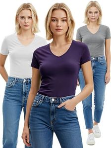 Emmalise Women's Plain Short Sleeve V Neck T Shirt(3P-Hgry/Prpl/Wht-1X)