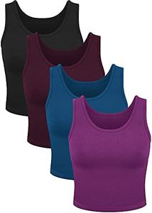 SATINIOR 4 Pieces Women Basic Crop Tank Top Short Sleeveless Sports Crop Top (Purple, Black, Royal Blue, Dark Red, Large)