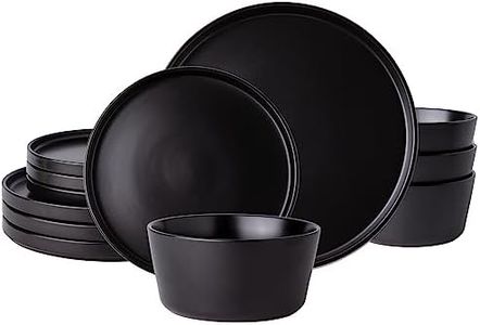 AmorArc Ceramic Dinnerware Sets of 4, Modern Flat Stoneware Plates and Bowls Sets,Chip and Crack Resistant | Dishwasher & Microwave Safe Dishes Set,Scratch Resistant- Service for 4 -Matte Black（12pcs）