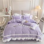 SOUKECHY Girls Lace Bedding, Full Comforter Cover Set, Chic Ruffled Duvet Cover with 2 Layers Ruffle,Princess Style 1 Duvet Cover with 2 Pillowcases, No Comforter-Purple,Full