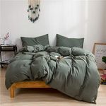 Ruccit Sage Green Duvet Cover Set Double Bed 100% Washed Cotton Double Duvet Cover Kids Teens 3pcs Simple Plain Farmhouse Bedding Set Zipper Closure-Soft,Easy Care,Breathable