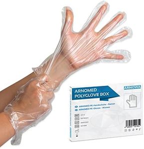 ARNOMED Gants jetables en PE pour femmes, 100 pcs gant jetable en boîte, gant alimentaire de ménage transparents, gant plastique jetable de protection pour la coloration des cheveux, gants fins