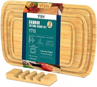 Tabla de Cortar Cocina Bambu: YISH Multifuncional Wooden Chopping Board Set Tabla Cortar de Bambú de Madera Antibacteriana Profesional con Soporte -juego de 3 piezas- 25x16cm & 33x20cm & 38x25cm
