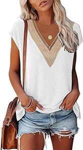 OLIPHEE Femme T-Shirt Col V avec Dentelle T-Shirt Blouse À Manches Courtes Élégant Et Confortable Imprimé avec des Motifs Floraux Blanc L