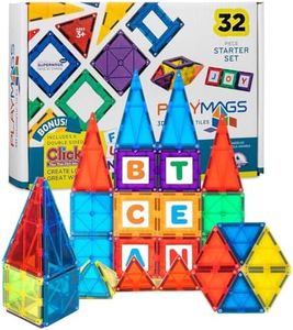 Playmags Magnetic Tile Set, 38-Piece Strongest Magnets Building Blocks for Kids, Creativity and Educational Building Toys for Children, STEM Approved