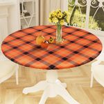 smiry Round Picnic Table Cloth, Elastic Waterproof Fitted Vinyl Tablecloth for 36"-44" Tables, Flannel Backed Buffalo Plaid Table Covers for Dining, Camping, Outdoor, Orange and Yellow