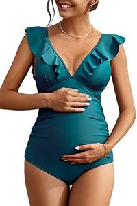 Adisputent Maternity Swimsuits One Piece Bathing Suits V Neck Ruffled Lace Up Swimwear for Pregnant Women Plus Size Monokini Turquoise S