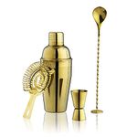 True Gold Barware Set, Stainless Steel Shaker, Jigger, Muddler, Bar Spoon, Hawthorne Strainer, Bar Accessories for Your Home Bar and Bar Cart