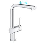 GROHE Minta – Single Lever Kitchen Sink Mixer Tap with Pull-Out Spray (High L-Spout, 46 mm Ceramic Cartridge, 360° Swivel Spout, Tails 3/8 Inch), Easy to Install, Size 328 mm, Chrome, 30274000