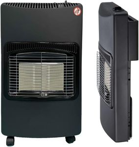 Portable Gas Cabinet Heater Free Standing Calor Butane Fire Wheels Comes With Free Hose and Regulator 4.2kw Foldable Design Black