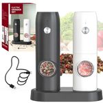 CIRCLE JOY Electric Pepper Grinder Mills, Rechargeable Salt and Pepper Set with Charging Base, Ceramic Grind and Adjustable Coarseness, Automatic Grinder for Home, Kitchen, Black White