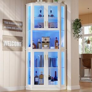 Loomie 71'' Corner Wine Bar Cabinet with LED Lights,5-Tier Tall Home Liquor Coffee Bar Cabinet W with Tempered Glass Door & Glasses Rack, Alcohol Cabinet Storage Hutch for Kitchen,Living Room (White)