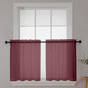 Chyhomenyc Sheer Tier Curtains 24 Inch Length, Small Cute Window Curtains Treatment for Bathroom Living Room Cafe Basement, Short Voile Curtain Tiers 42in x 24in, Rod Pocket, 2 PCS,Burgundy