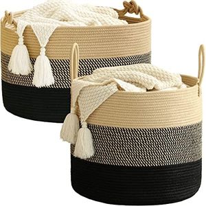KAKAMAY Large Blanket Basket,Woven Baby Laundry Hamper for Storage, Cotton Rope Blankets Baskets for Nursery, Laundry, Living Room, Pillows, Baby Toy Chest with Handles (Black)