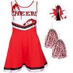 Girls Halloween Zombie Cheerleader Dead Fancy Dress Costume Kids School Girl Spooky Child Zombies with Tube of Fake Blood - Costumes Halloween Parties (7-9 Years, Red)