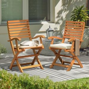 IDZO Patio Chairs Set of 2, Wood Folding Armchairs with Cushions, FSC Acacia Outdoor Furniture, 400lbs Capacity, No Assembly Required, Foldable and Space-Saving Design, Ready to Use