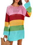 ANRABESS Women Swimsuit Crochet Swim Cover Up 2024 Summer Bathing Suit Swimwear Mesh Knit Beach Dress Vacation Outfits, Rainbow Stripe, X-Large