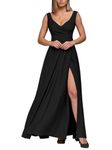 LUJENGEFA Women's Sleeveless V Neck Slit Hem Solid Formal Evening Midi Cocktail Long Dresses A-Black Medium