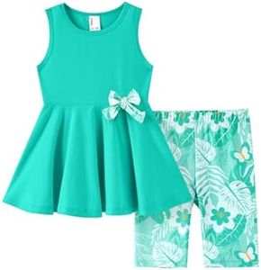PATPAT Girls Summer Clothes Size 7-8 Years, Turquoise 2 Piece Outfits Sleeveless Tunic Tops With Bowknot Stretch Floral Shorts Clothing Sets