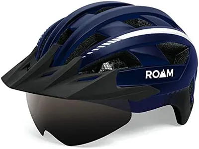 Roam Bike Helmet - Safety Certified LED Light Reflective Adult Cycling Protection with Magnetic Goggles & Sun Visor - Weather Resistant - Navy Blue