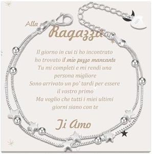 QianSiLi Bracelet femme en argent 925, 3 en 1/2 en 1 étoiles et perles/cornes/Ali d'ange bracelet femme, idées cadeaux femme anniversaire pour elle/meilleurs amis/petite amie/fille, Argent sterling