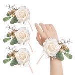 YIQXKOUY 4 Pack White Ivory Rose Wrist Corsage Wedding Bridal Wrist Wristlet Band Bracelet for Wedding Ceremony Anniversary Dinner Party for Women Bride Bridesmaid Girl